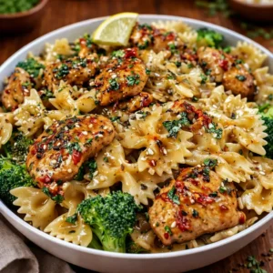 A bowl of Cowboy Butter Lemon Bowtie Chicken with Broccoli on a wooden table.